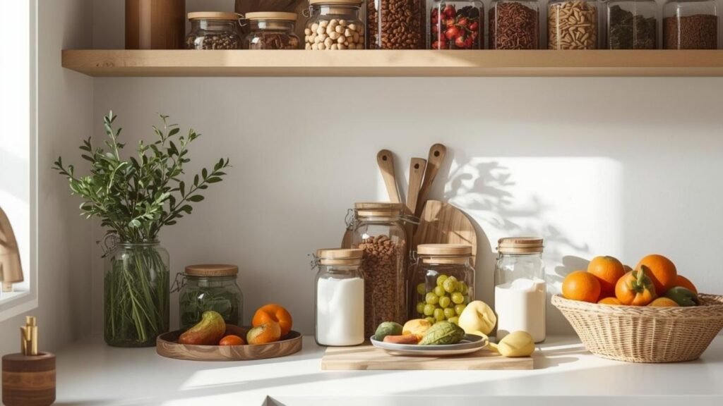 Budget-friendly food prep and simple living kitchen with organized pantry staples