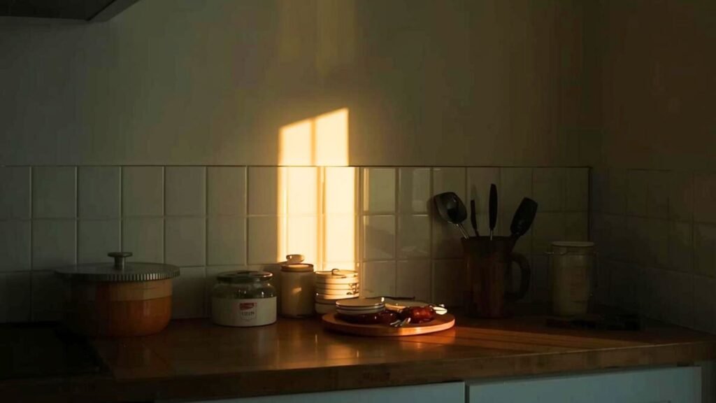 A quiet kitchen in the evening representing why convenience food feels necessary when energy is low.