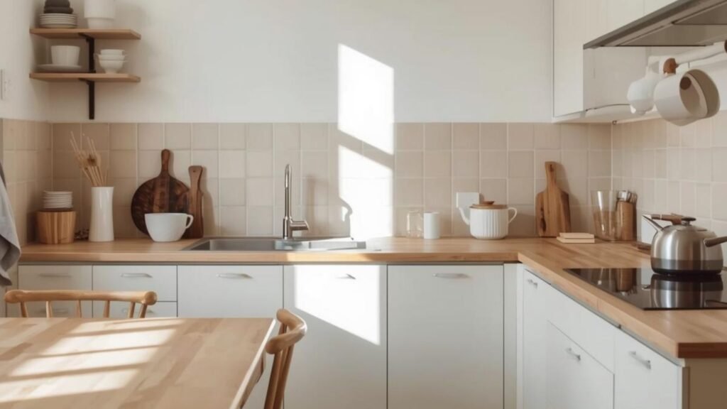 quiet organised kitchen in morning sunlight