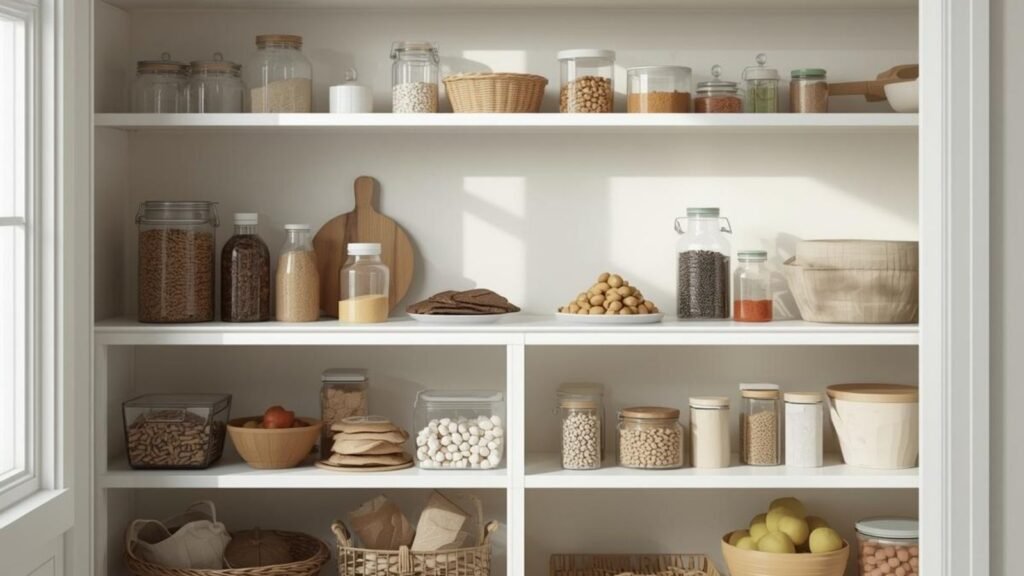 Budget-friendly food prep pantry with organised staples for meal planning and storage