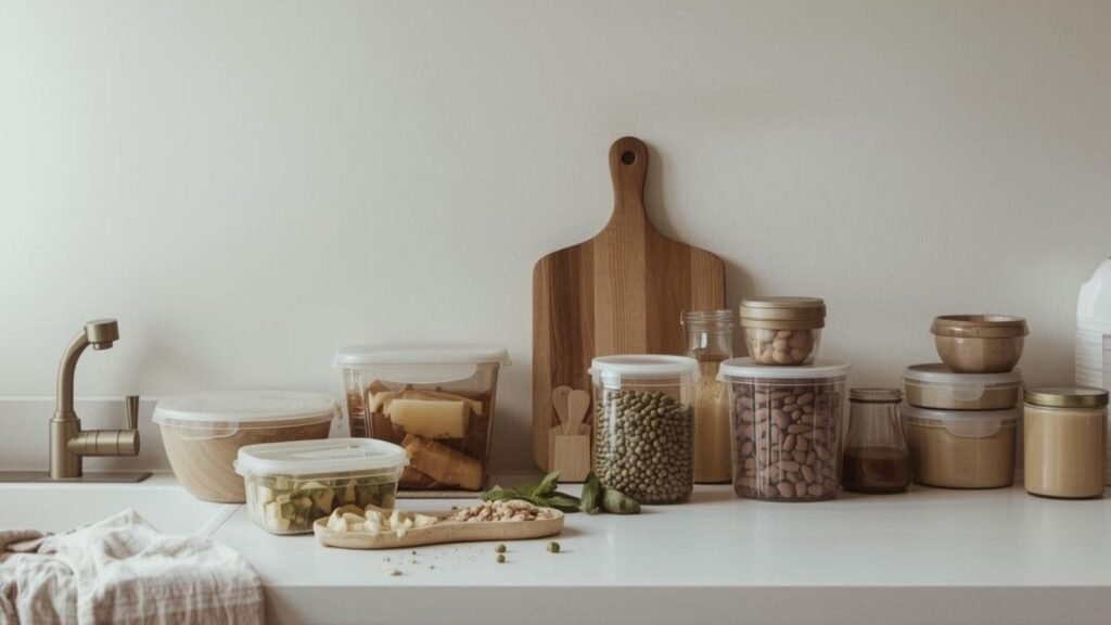A calm kitchen counter showing realistic food management and simple meal prep.
